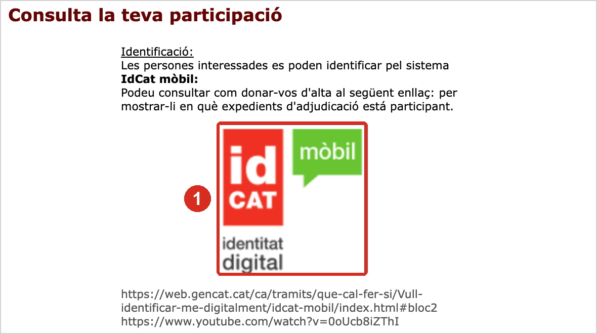 Pàgina Consulta la teva participació amb el botó d'identificació idCAT Mòbil marcat en vermell