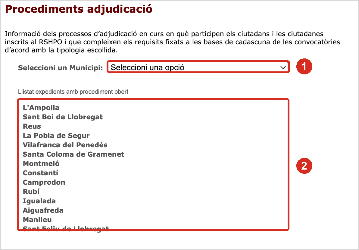 Pàgina Procediments adjudicació amb el desplegable de municipi i el llistat d'expedients amb procediment obert marcats en vermell