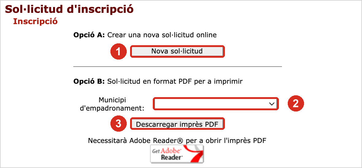 Pàgina d'inscripció amb el botó Nova sol·licitud, el desplegable de municipi i el botó Descarregar imprès PDF marcats en vermell
