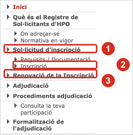 Menú lateral de registresolicitants.cat amb les opcions Sol·licitud d'inscripció, Inscripció i Renovació de la Inscripció marcades en vermell